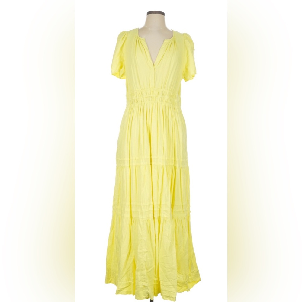 Anthro Somerset Linen Maxi Dress Butter Yellow Smocked Tiered Lined - Picture 2 of 5